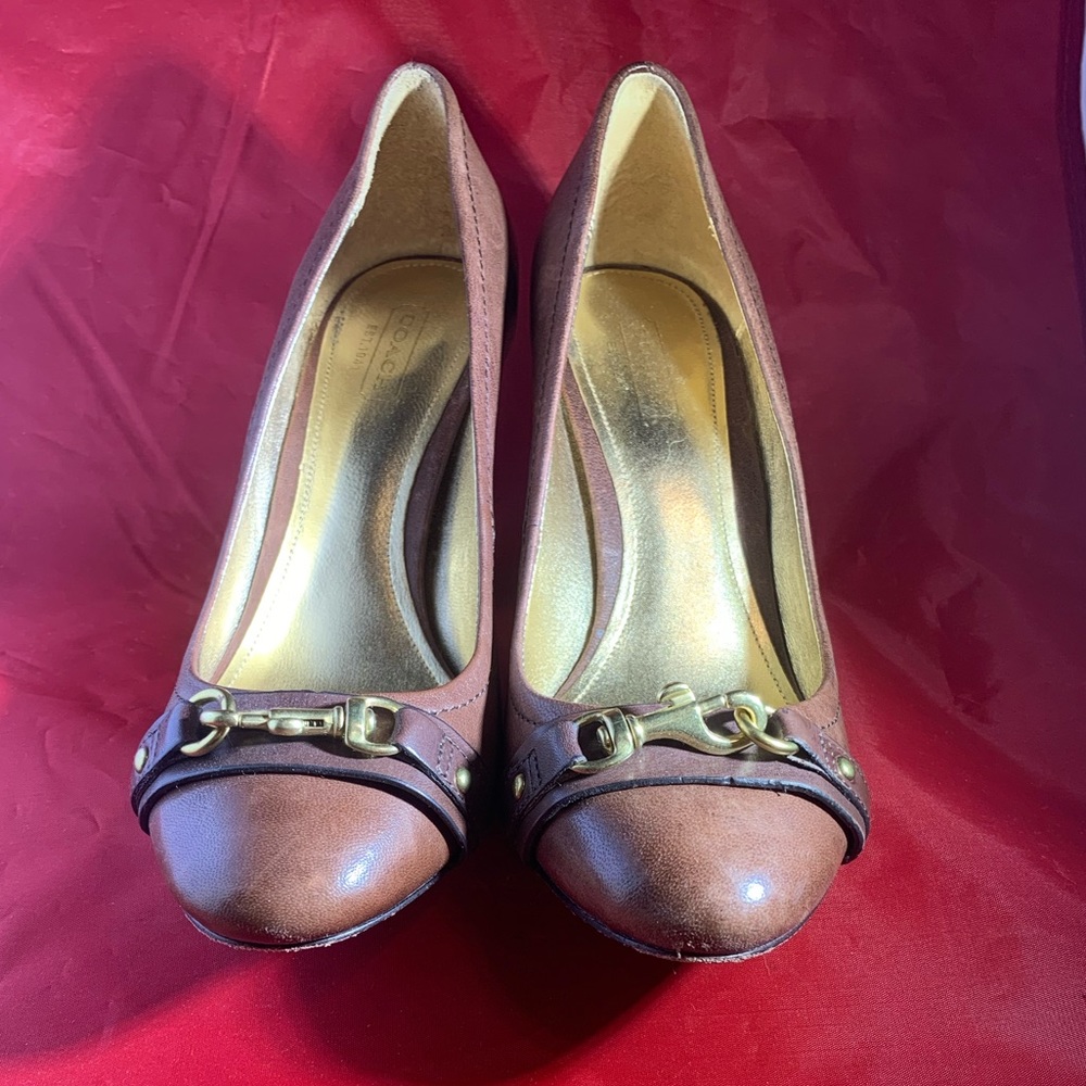Coach Desaree Brown Leather Pumps Gold Dog Leash Clasp Heel Size 7.5 §
